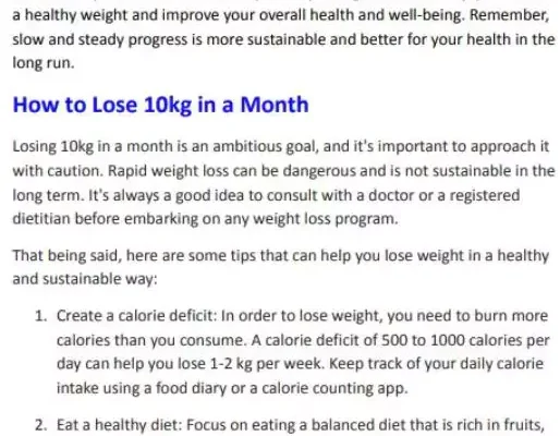 Diet Plan For Weight Loss 10kg In A Month